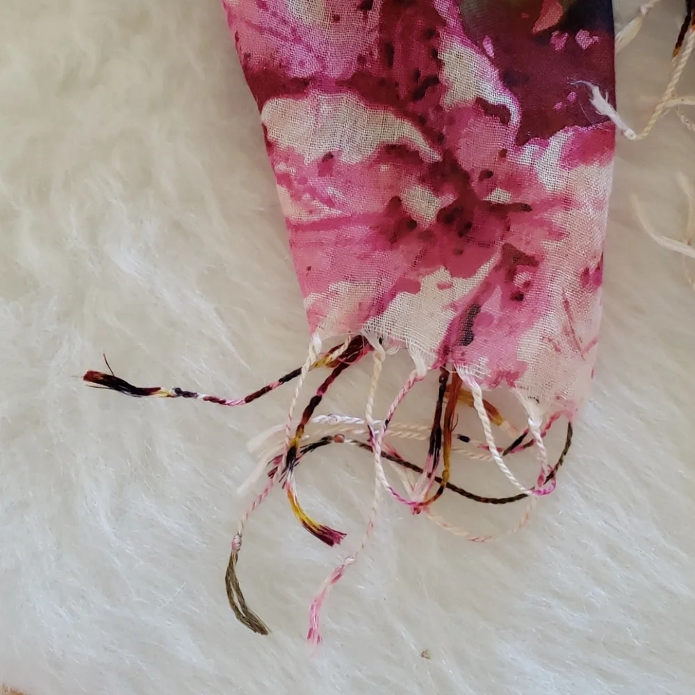 BURGUNDY Pink Floral Boho Preppy Abstract Print Fringe Lightweight Fashion Scarf